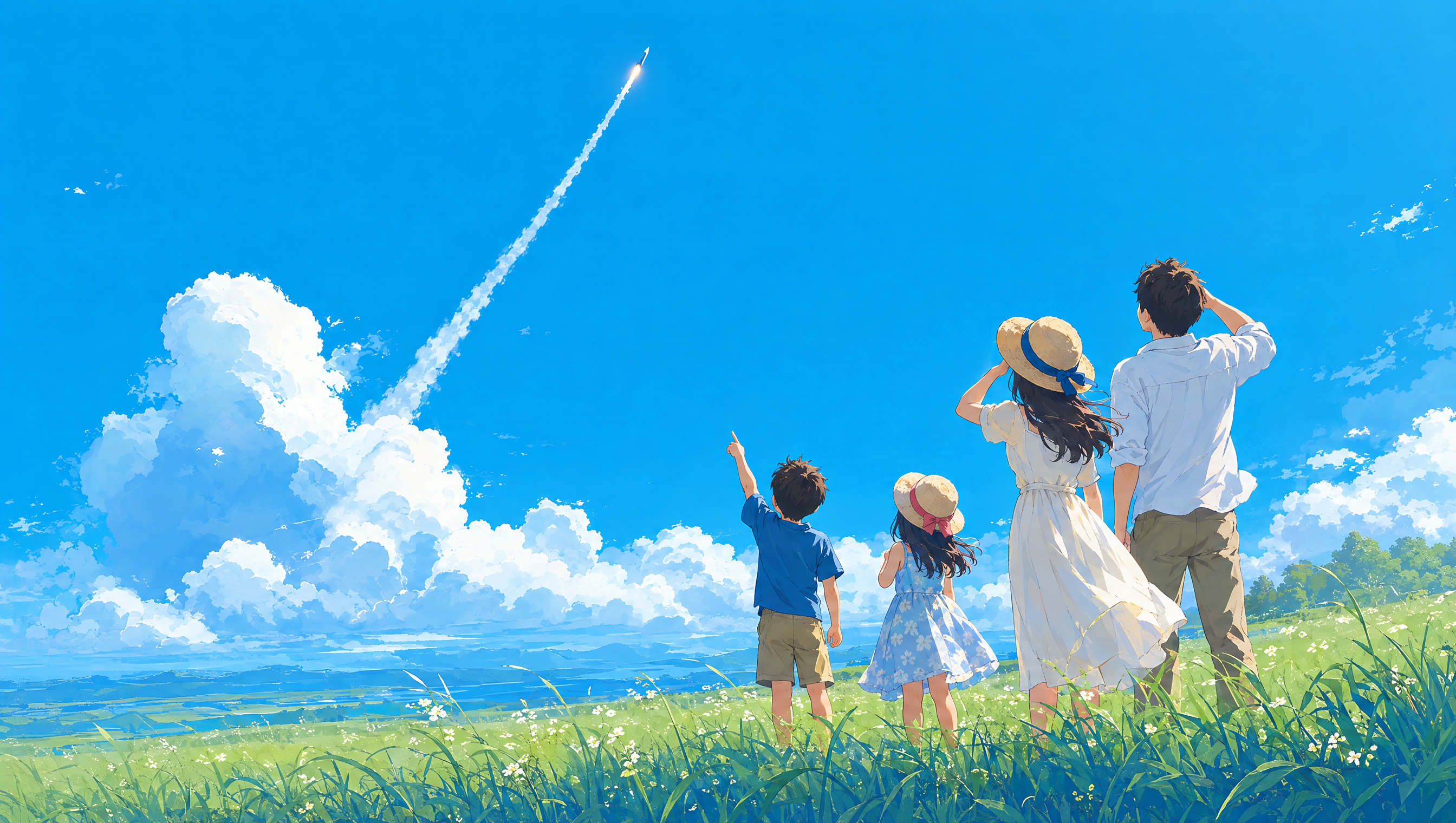 青空へ飛び立つロケットを、草原から見上げる家族のイラスト